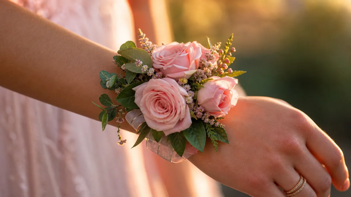 a close-up of a finished wrist corsage with soft pink roses and…