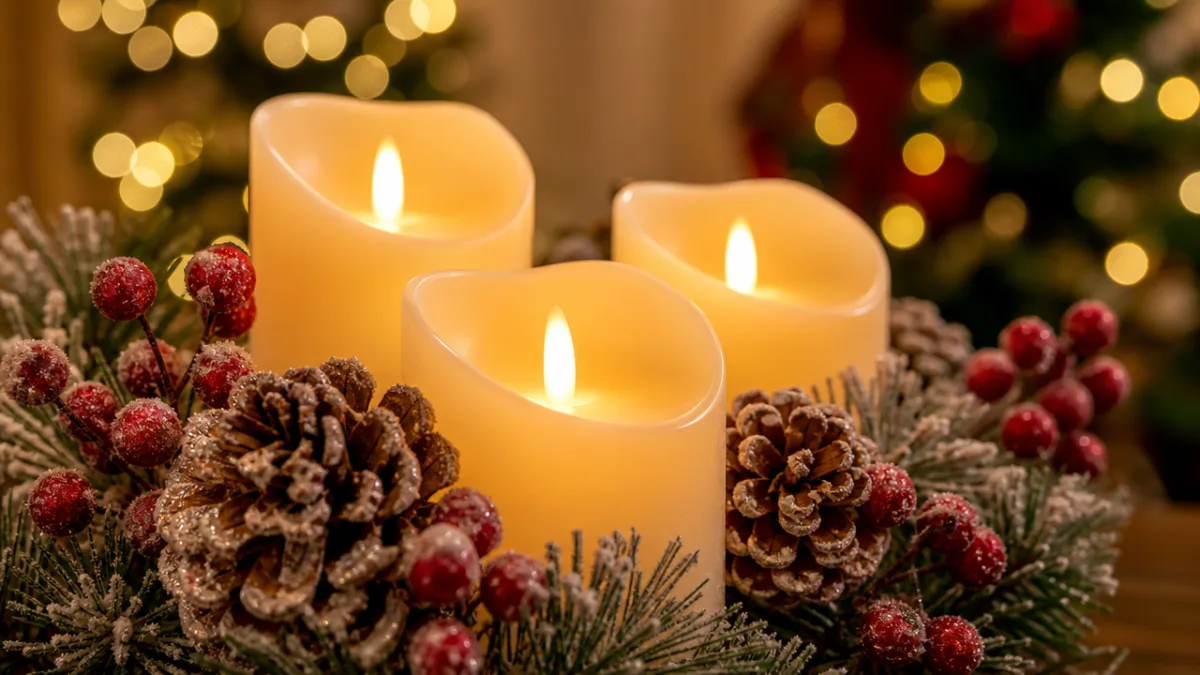 close-up of glowing LED candles nestled among frosted pinecones and berry sprigs,…