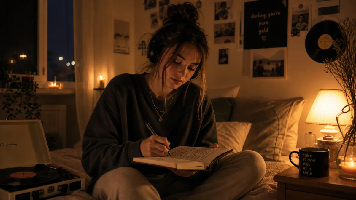 a young woman in a cozy bedroom at night surrounded by warm…