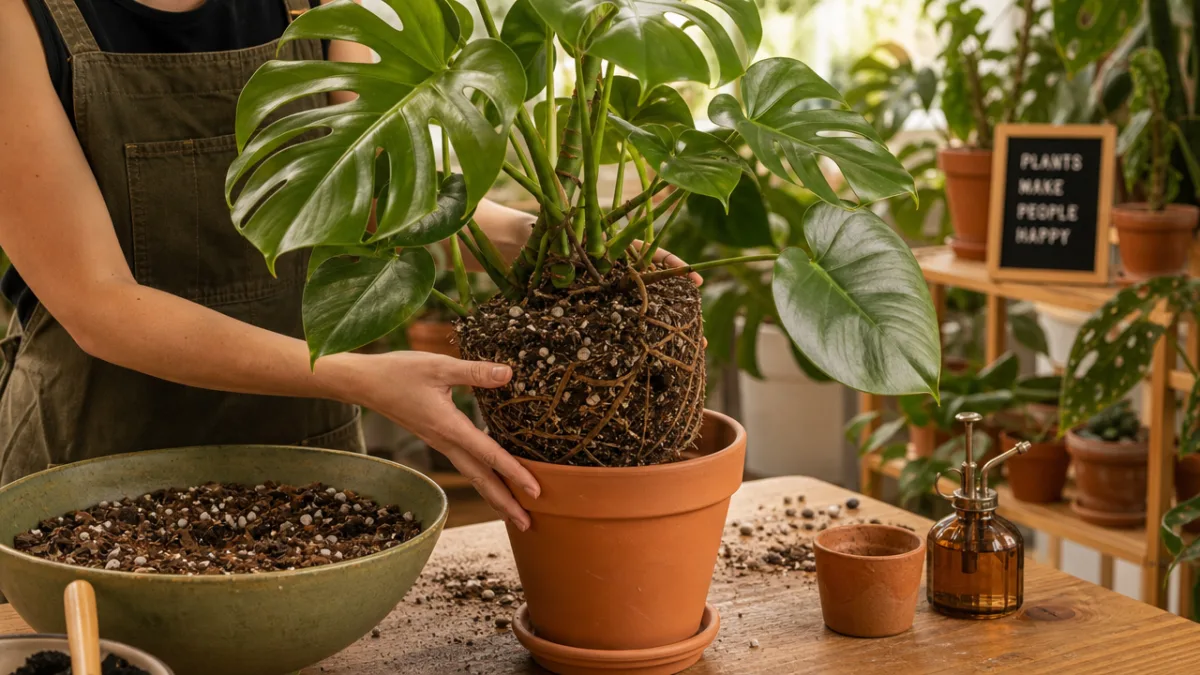 a healthy Monstera deliciosa being repotted into a terracotta pot with chunky…
