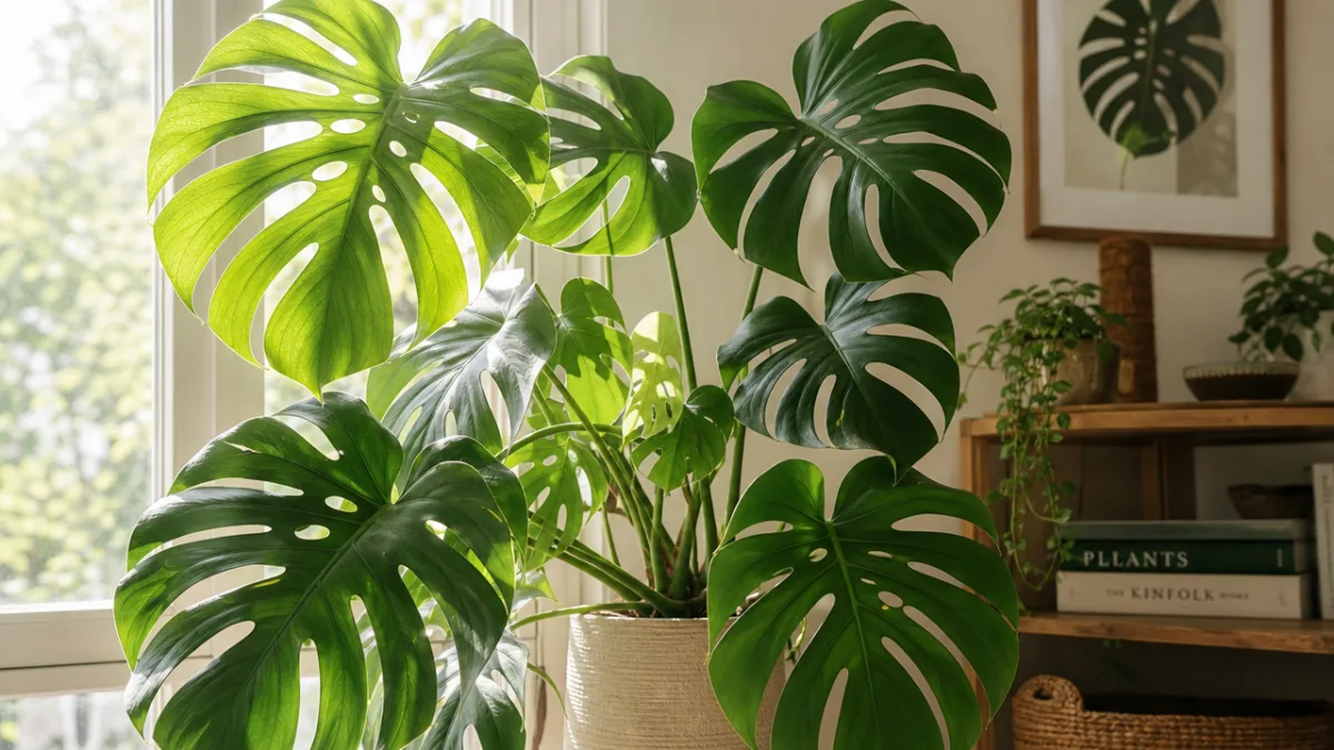 a lush Monstera deliciosa with large fenestrated leaves near a bright window,…