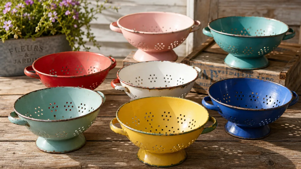 a collection of colorful vintage enamel colanders arranged on a weathered wooden…