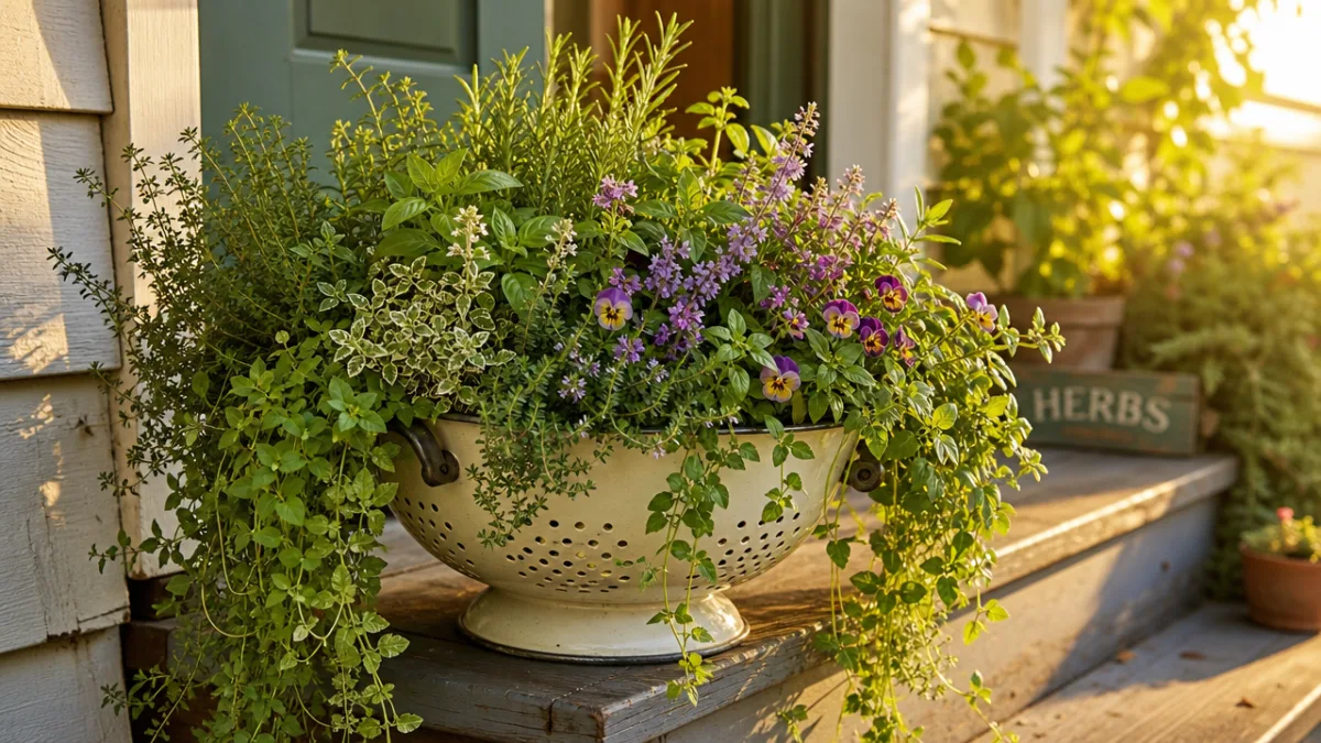 a lush colander planter overflowing with trailing herbs and flowers on a…