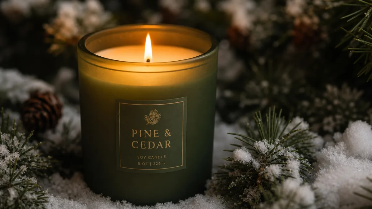 a close-up of a lit soy candle in a matte green jar…