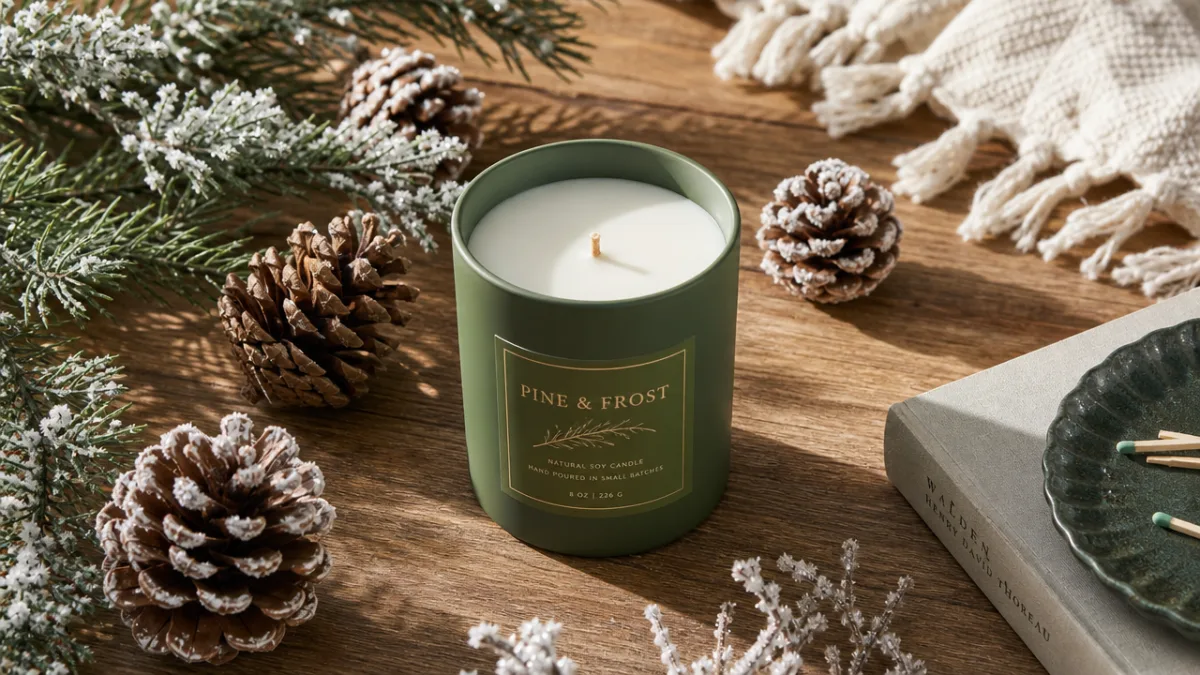 an elegant flat lay of the green matte candle jar on a…