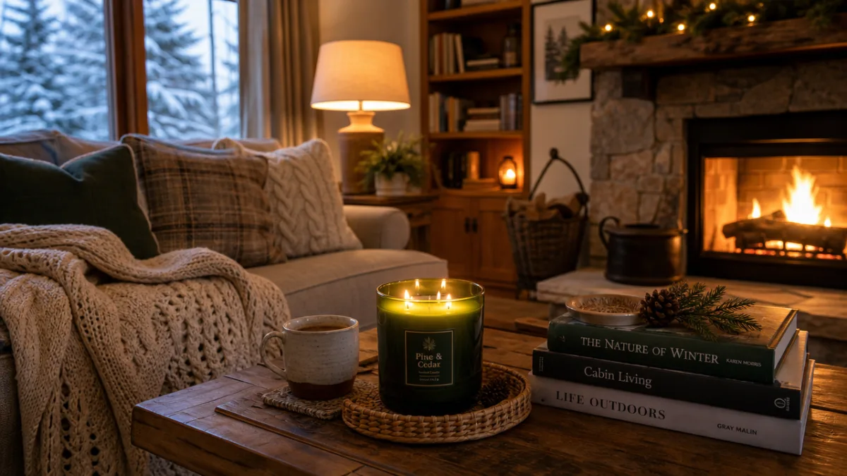 a cozy winter living room scene with the green candle glowing on…