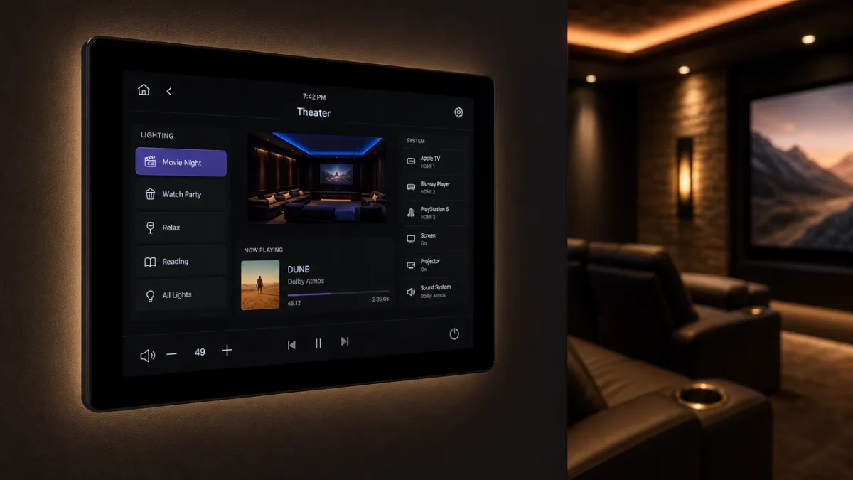 a modern basement home theater control panel glowing softly, with smart lighting…