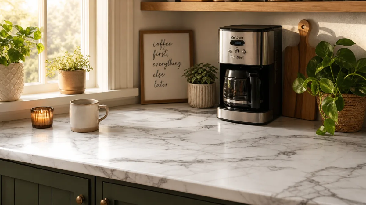 a finished kitchen countertop with marble-pattern contact paper, styled with coffee maker…