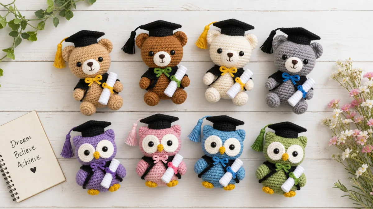 a flatlay of colorful crochet graduation bears and owls arranged on a…