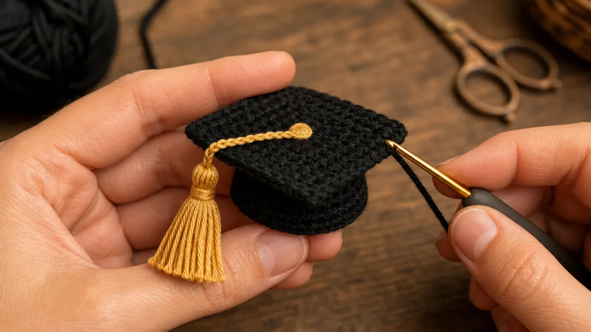 close-up of hands crocheting a small graduation cap with gold tassel, warm…