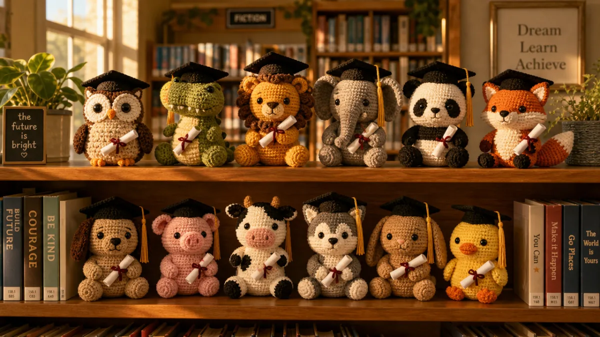 a collection of finished crochet graduation animals displayed on library bookshelves, warm…