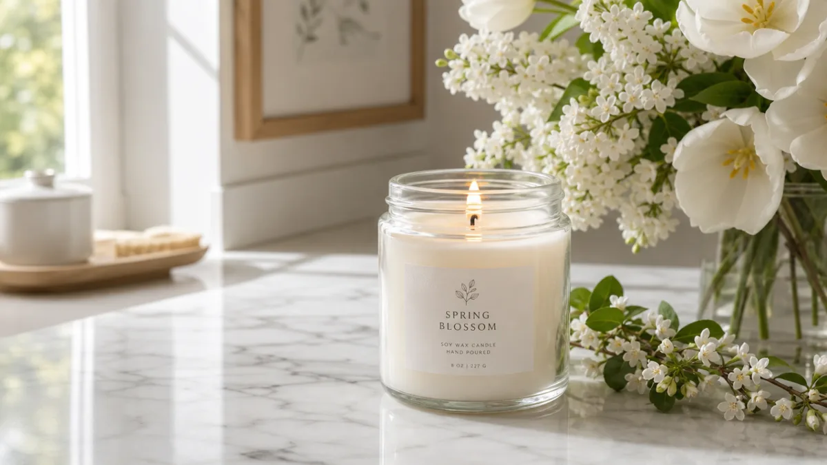 a glass jar candle burning on a white marble countertop beside fresh…