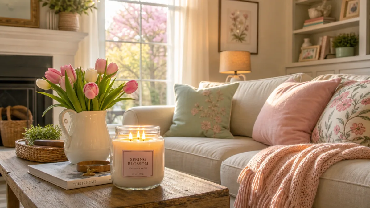a cozy living room styled for spring with pastel cushions and a…