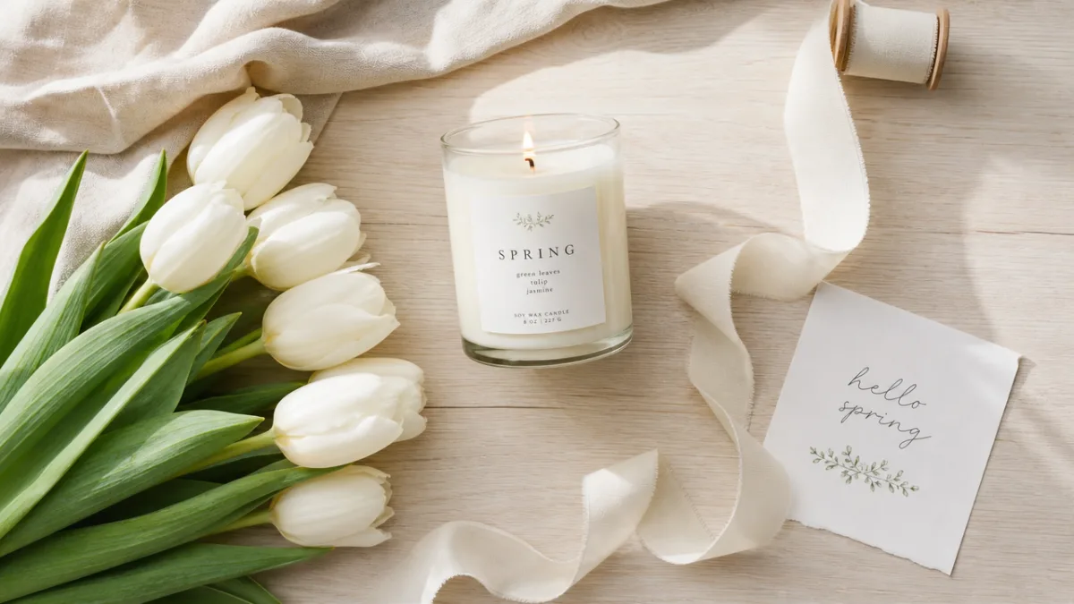 a styled flat lay of a spring candle, white tulips, a linen…