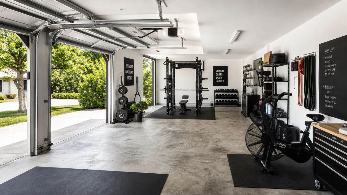 a well-lit spacious two-car garage being converted into a gym, natural light…