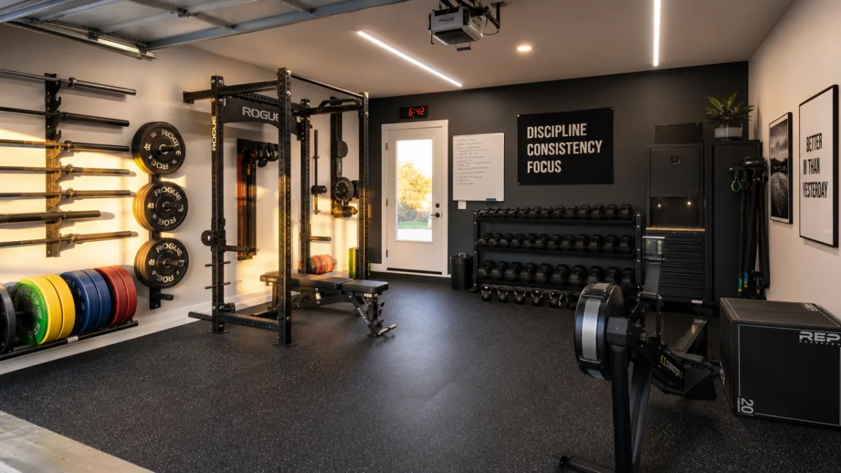 an organized home garage gym interior with rubber flooring, wall-mounted weight racks,…