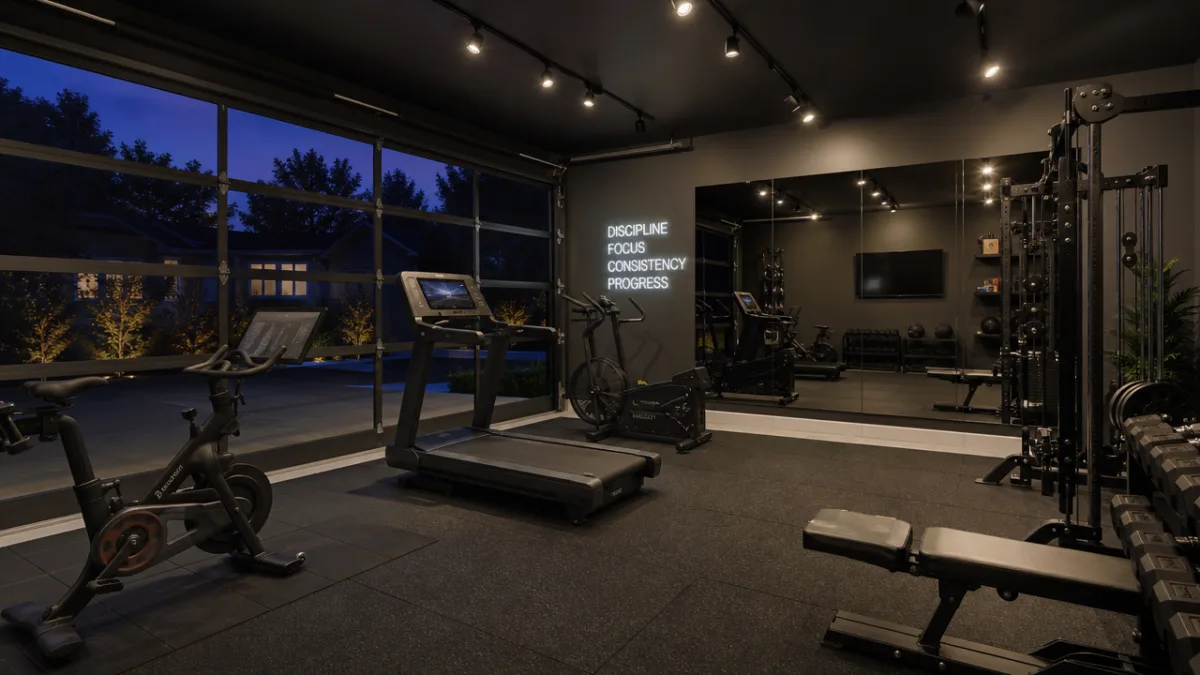 a sleek modern home garage gym with cardio equipment, mirrored wall, rubber…