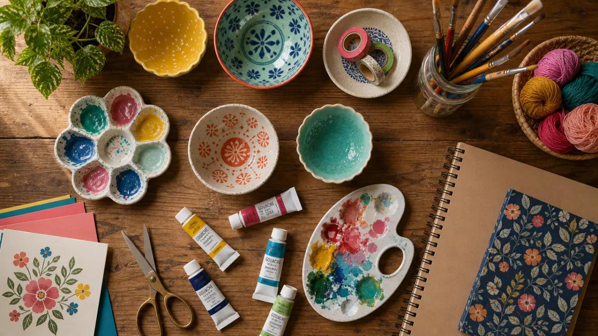 a flat lay of colorful craft supplies including bowls, paint tubes, and…