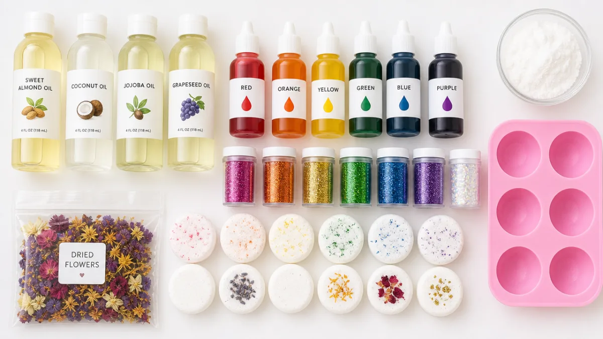flat lay of craft supplies including oil bottles, colorful food dye, glitter…