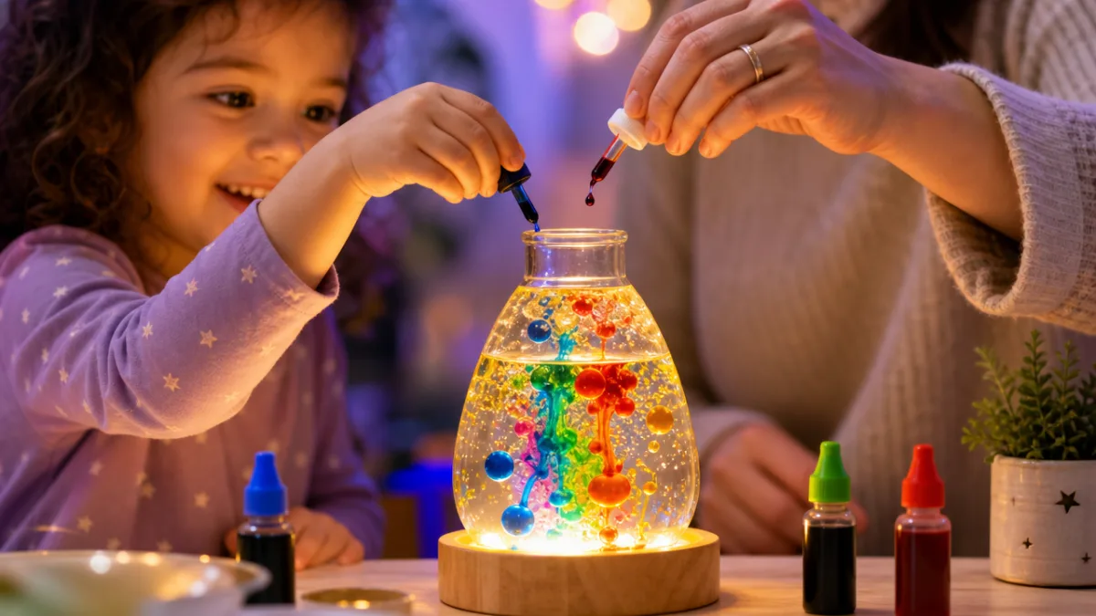 child and adult hands dropping food coloring into glowing oil and water…