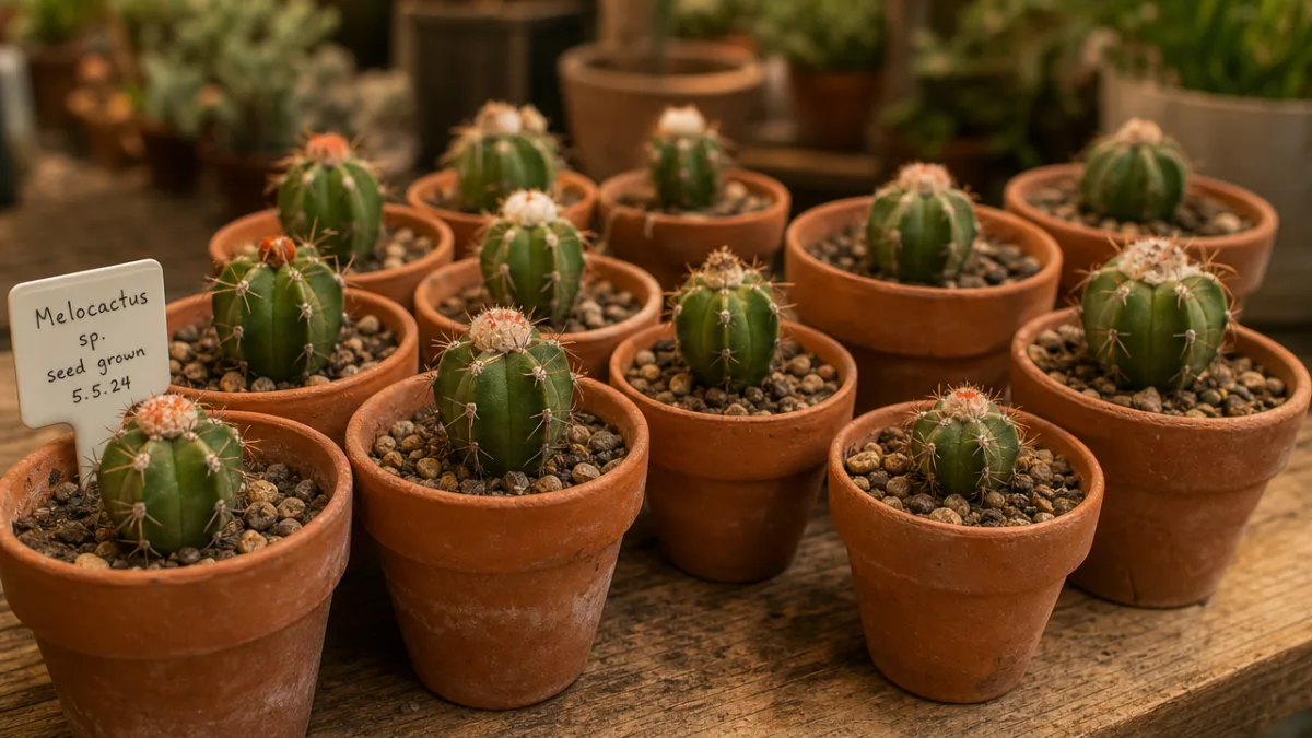 a seed-grown Melocactus seedling collection in small terracotta pots on a wooden…