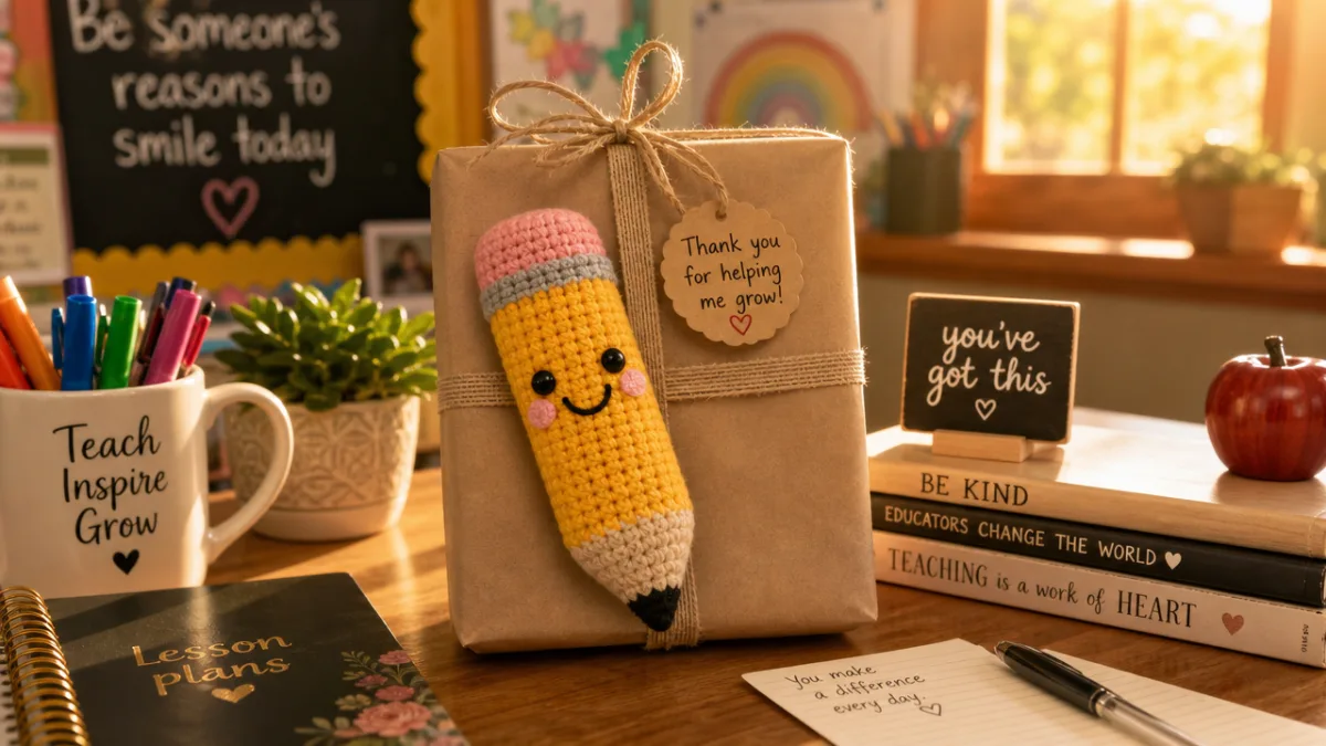 a cheerful crochet pencil plush gift wrapped in kraft paper with ribbon…