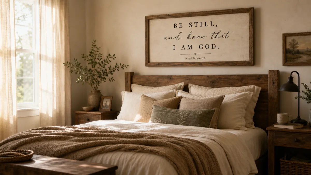 a warm rustic bedroom with a wooden framed sign above the bed,…
