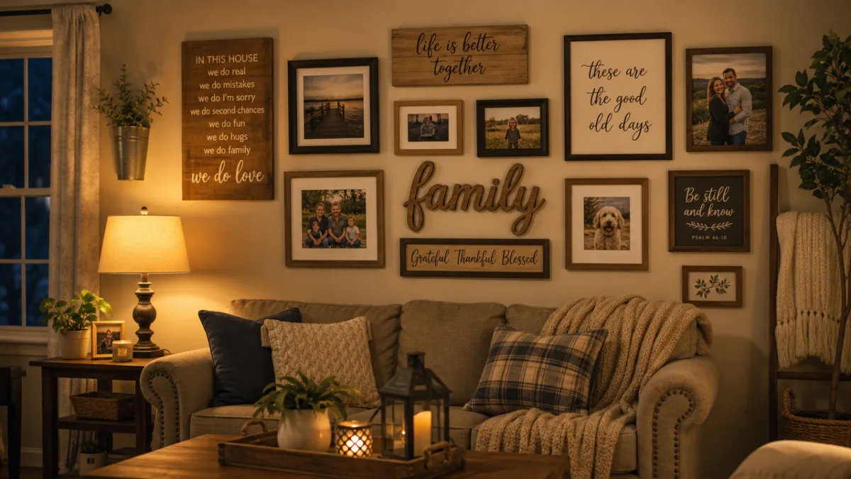 a cozy living room gallery wall with wooden signs and framed photos,…