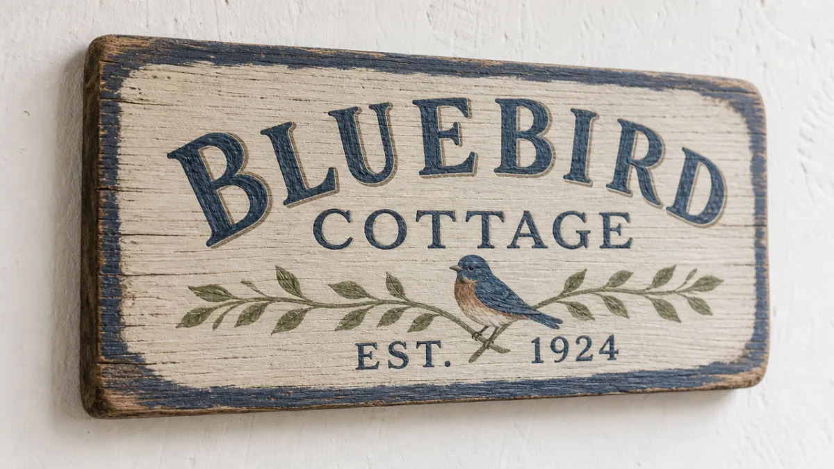 a close-up of a handcrafted painted wood sign on a white wall,…