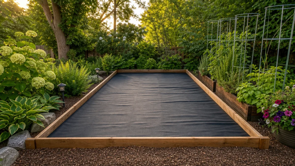 a neatly prepared garden bed with landscape fabric laid flat, golden afternoon…