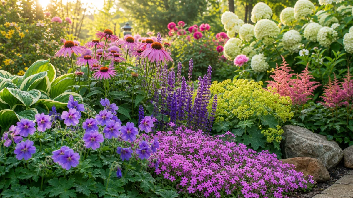 a lush flower bed filled with blooming perennials and ground cover plants,…