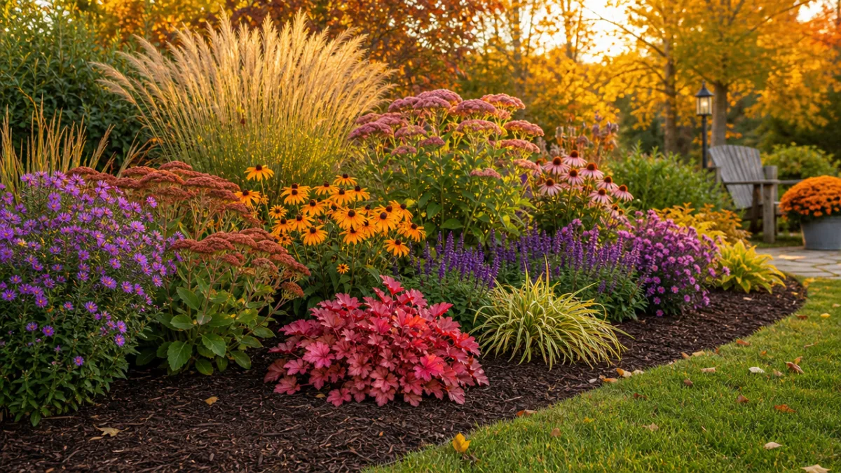 a well-maintained flower bed in autumn with colorful perennials and fresh mulch,…