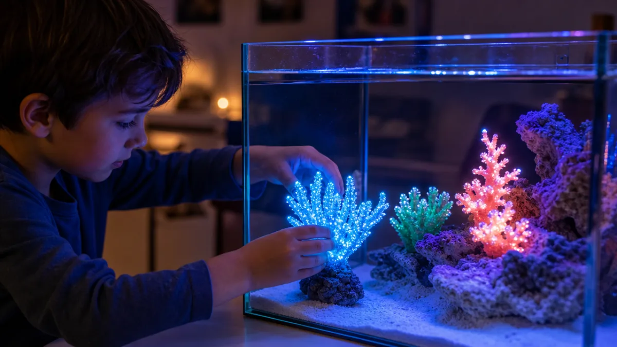a child's hands carefully placing glowing LED coral decorations inside a glass…