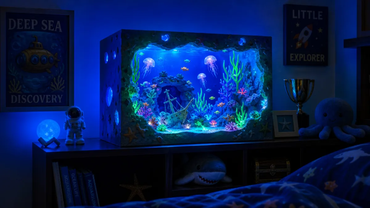 a finished glowing aquarium diorama displayed on a dark wooden shelf in…