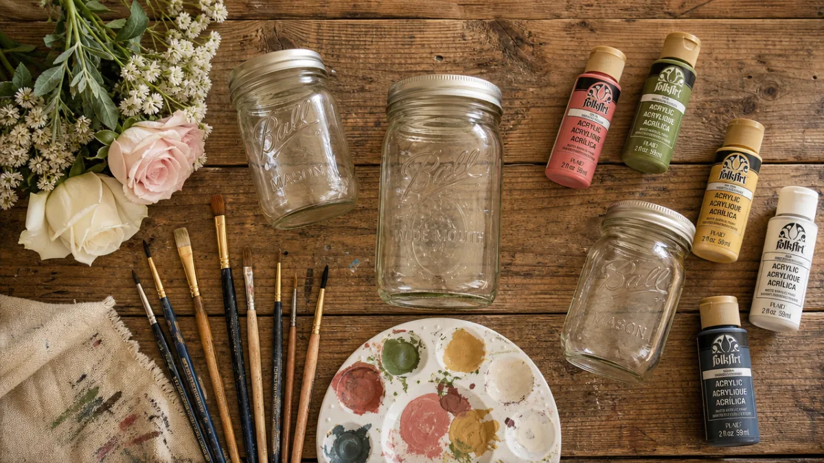 a flat lay of mason jars, paintbrushes, and floral acrylic paints arranged…