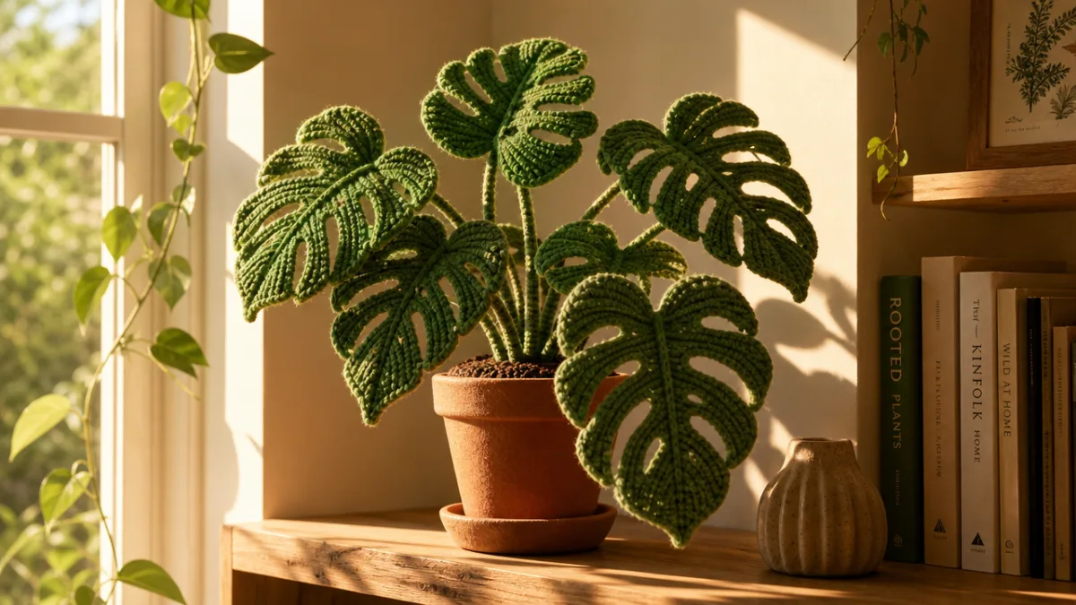 a beautifully crocheted monstera plant in a terracotta pot on a wooden…