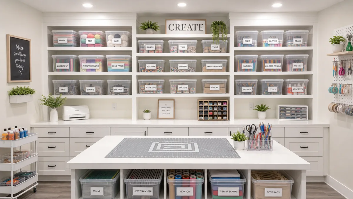 a tidy organized craft room with labeled clear containers on white shelves,…