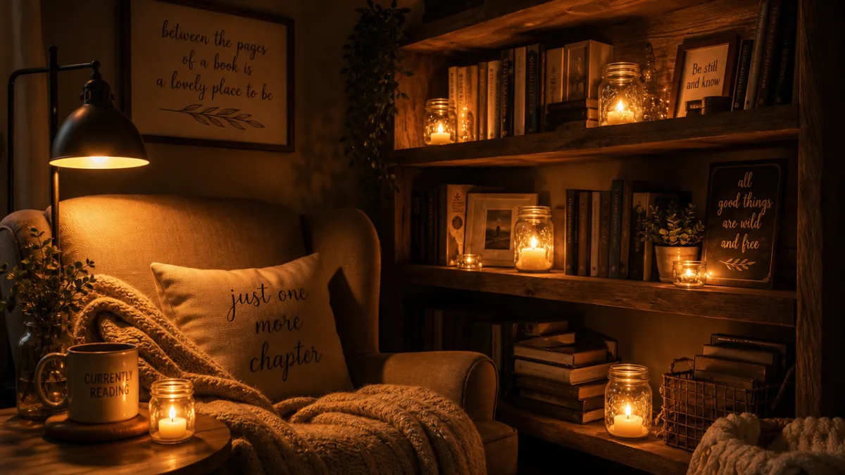 a cozy reading nook with glowing mason jar candles on wooden shelves,…