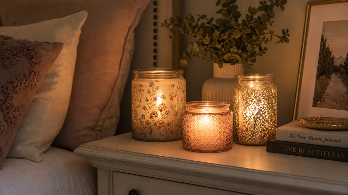 a serene bedroom corner with a trio of decorated candle jars glowing…