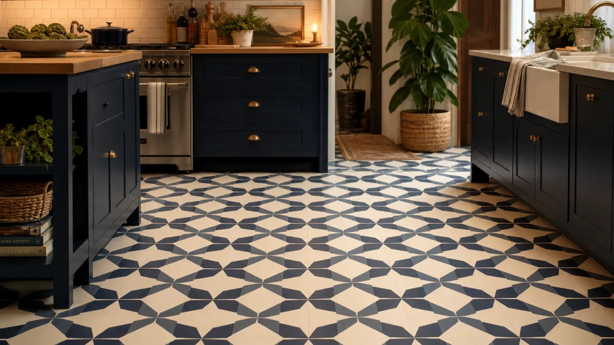 a beautifully finished kitchen floor with geometric stencil pattern in navy and…