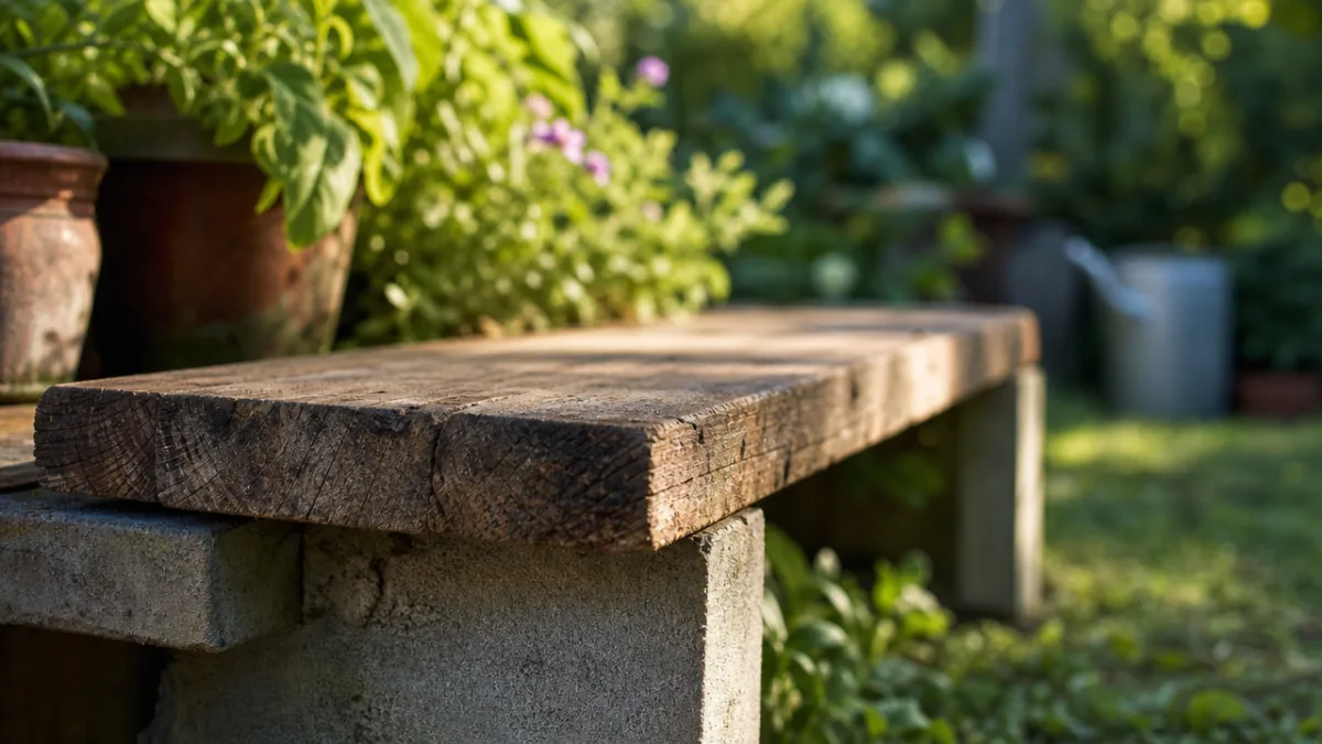 a close-up of a rustic wooden plank resting on concrete blocks in…