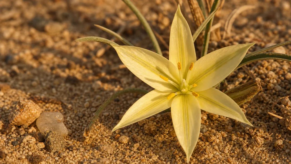 a close-up of a pale yellow star-shaped wildflower in sandy desert soil,…
