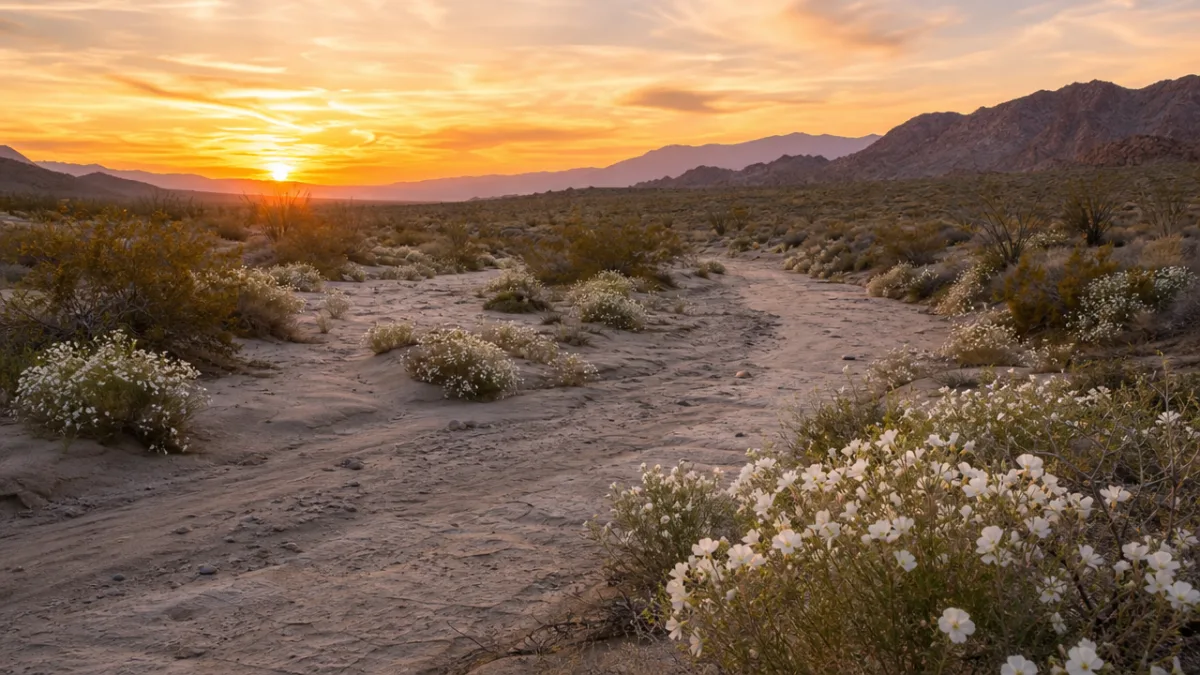 a wide desert wash landscape with scattered white wildflowers, soft warm light…