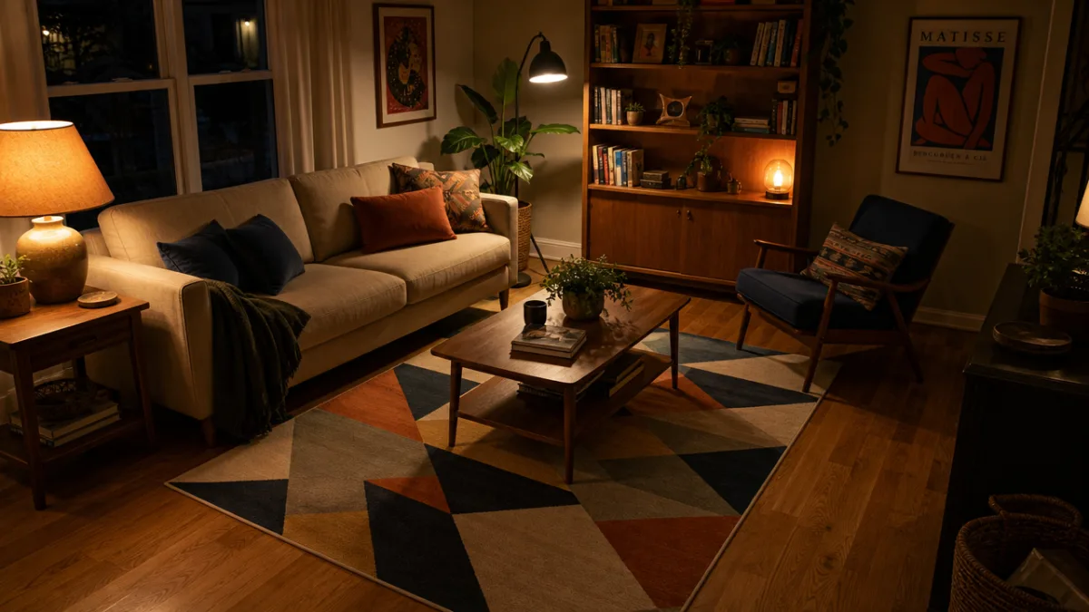 a cozy living room interior with a painted geometric rug on oak…