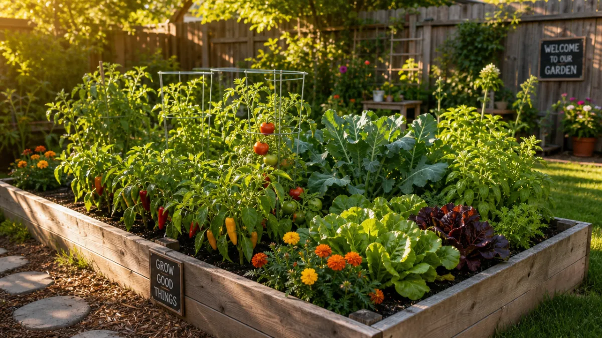 a lush backyard raised garden bed filled with colorful vegetables, warm afternoon…