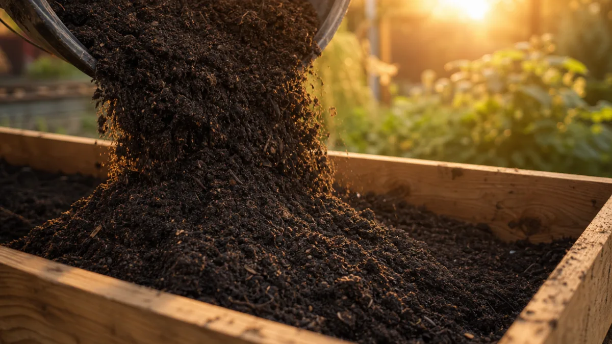 close-up of rich dark garden soil being poured into a wooden raised…