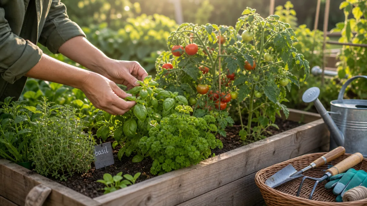 hands tending a thriving raised garden bed with tomatoes and herbs, soft…
