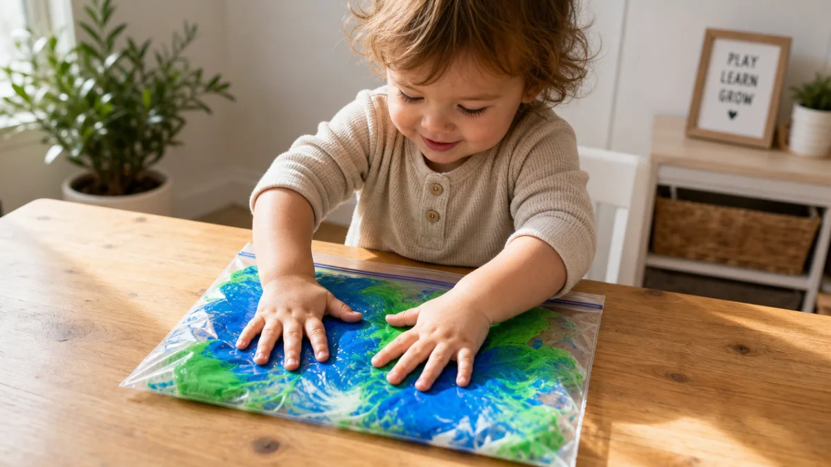 a toddler pressing colorful blue and green paint inside a sealed ziplock…