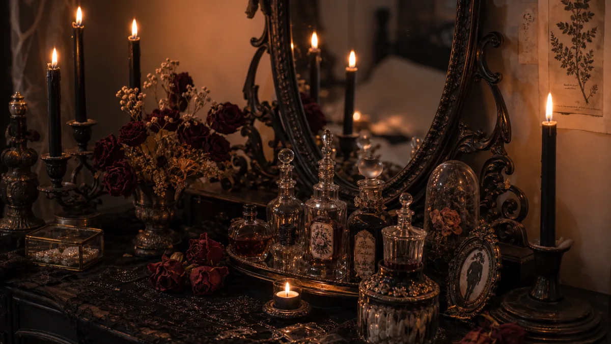 a soft gothic vanity table with flickering black taper candles, vintage perfume…