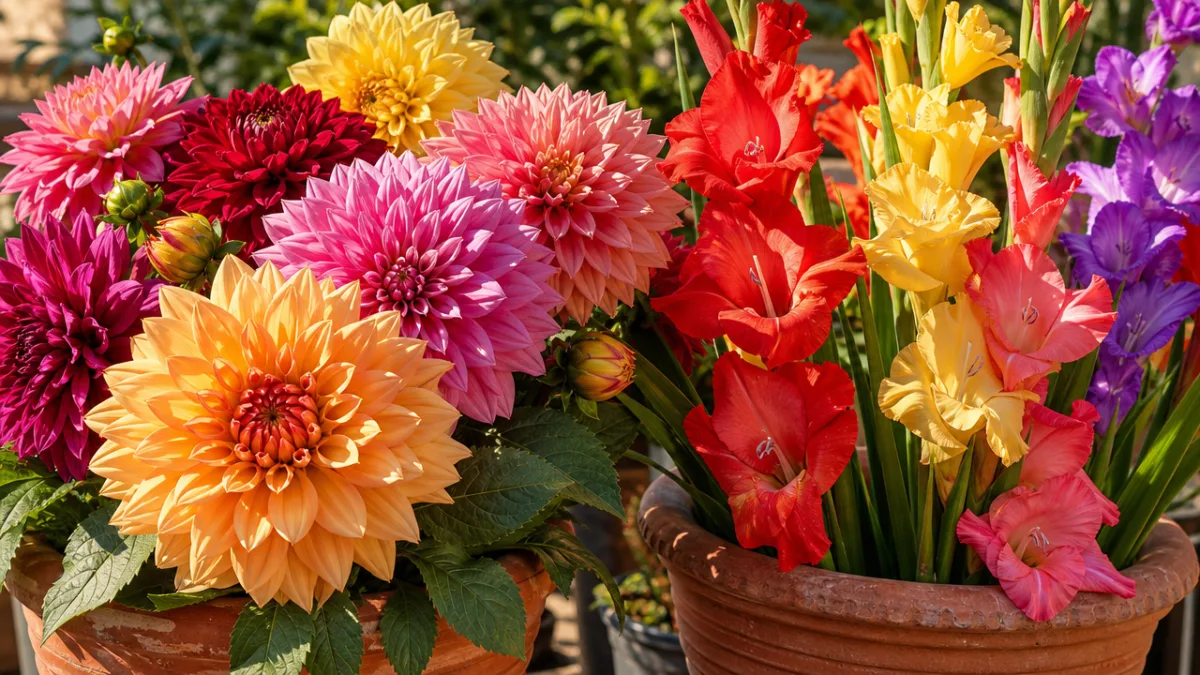 close-up of vibrant multicolored dahlia and gladiolus arrangements in terracotta pots, bright…